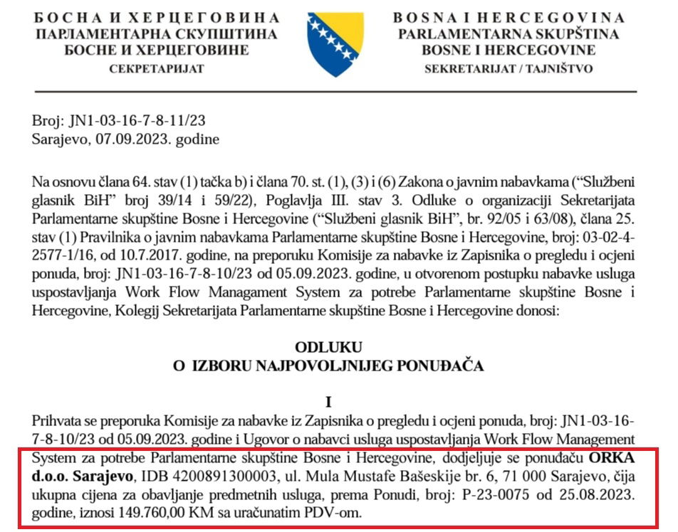 nabavka softvera parlament bih