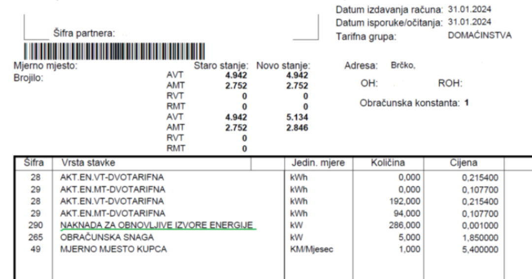nova stavka na računu za struju