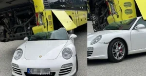 Bizarna nezgoda: Autobus se zaustavio na krovu Porschea
