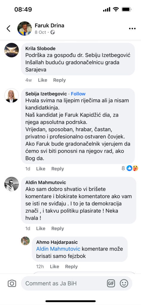 sebija izetbegovic komentar na facebooku